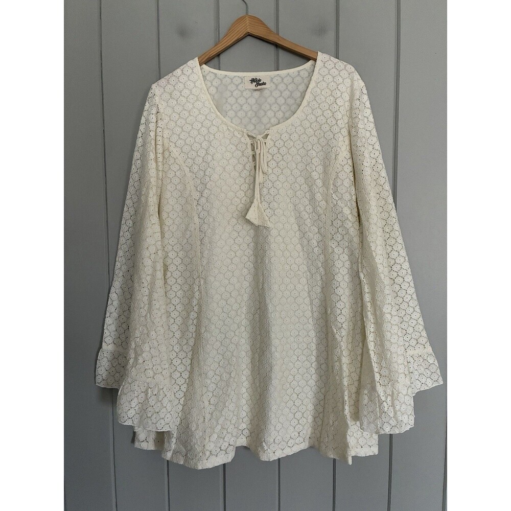 Hippie Shake Dress UK 14 US 10 Ivory Eyelet Flare Sleeve Mini Lace-Up